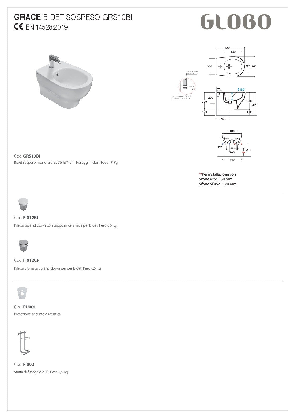 GLOBO GRACE WALL-MOUNTED BIDET