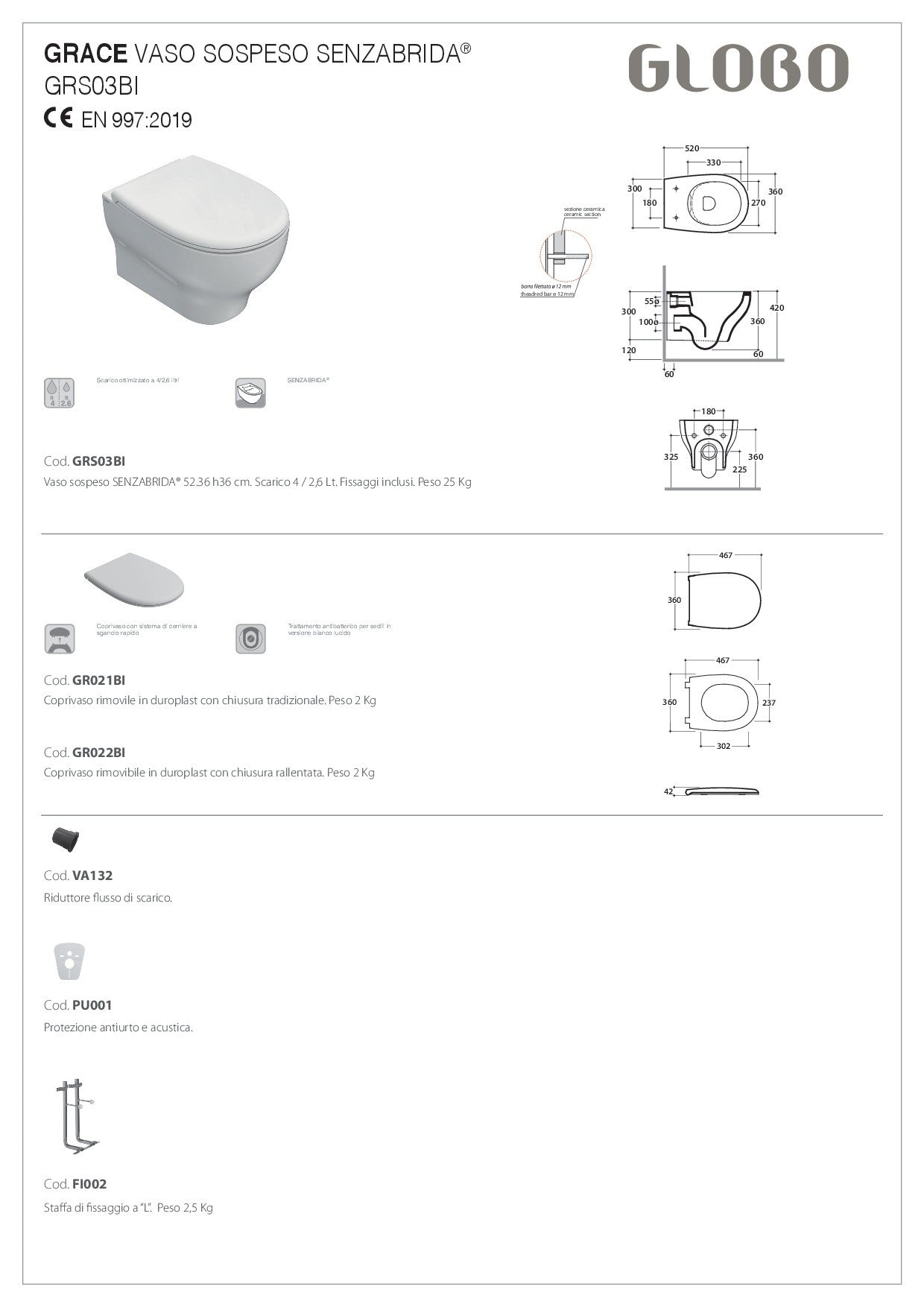 GLOBO GRACE RIMLESS WALL-HUNG TOILET