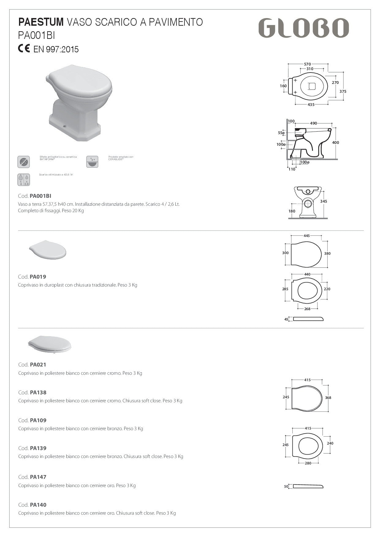 GLOBO PAESTUM CLOSE COUPLED TOILET