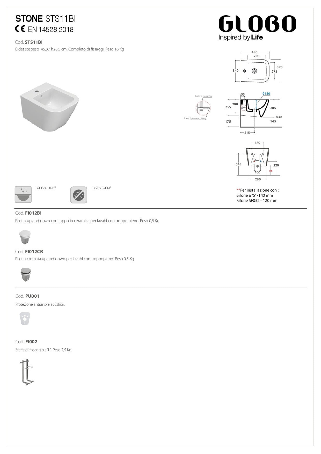 GLOBO STONE WALL-HUNG BIDET
