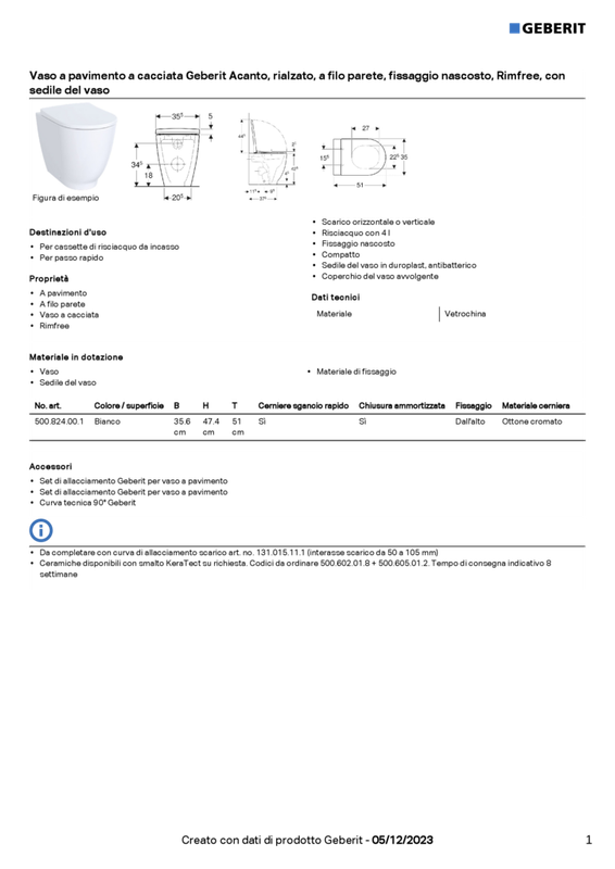 GEBERIT WC ACANTO A TERRA CON SEDILE DEL VASO