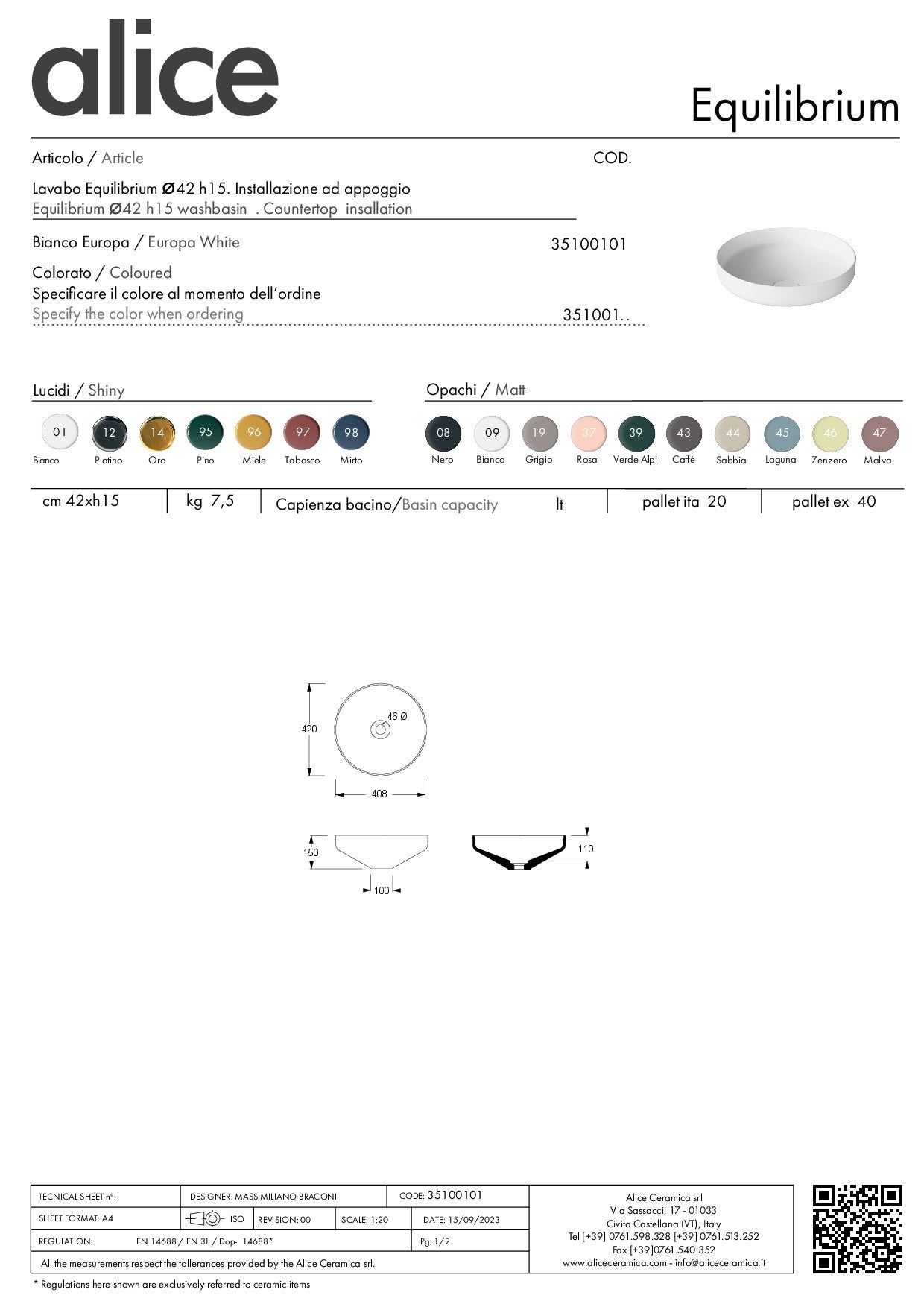 ALICE CERAMICA EQUILIBRIUM BASIN 42 H15