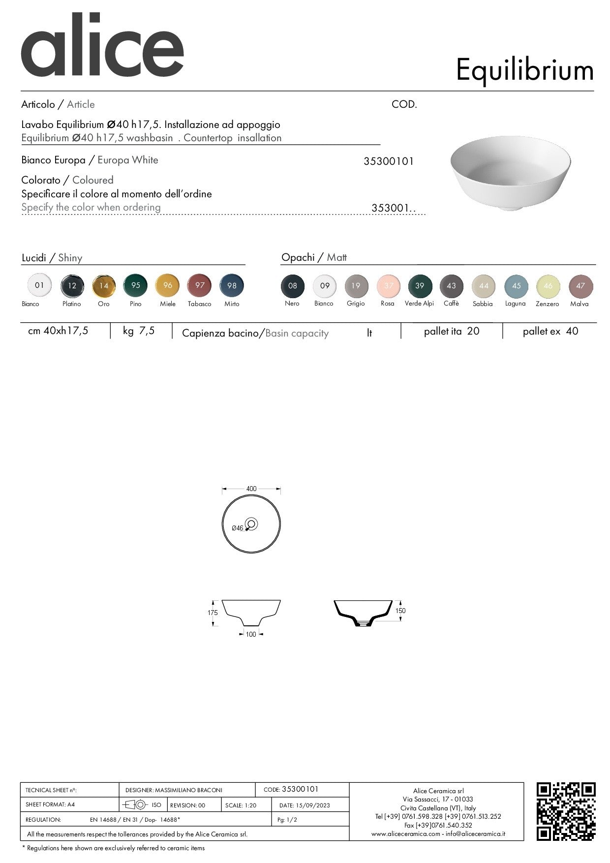 ALICE CERAMICA EQUILIBRIUM BASIN 42 H17.5