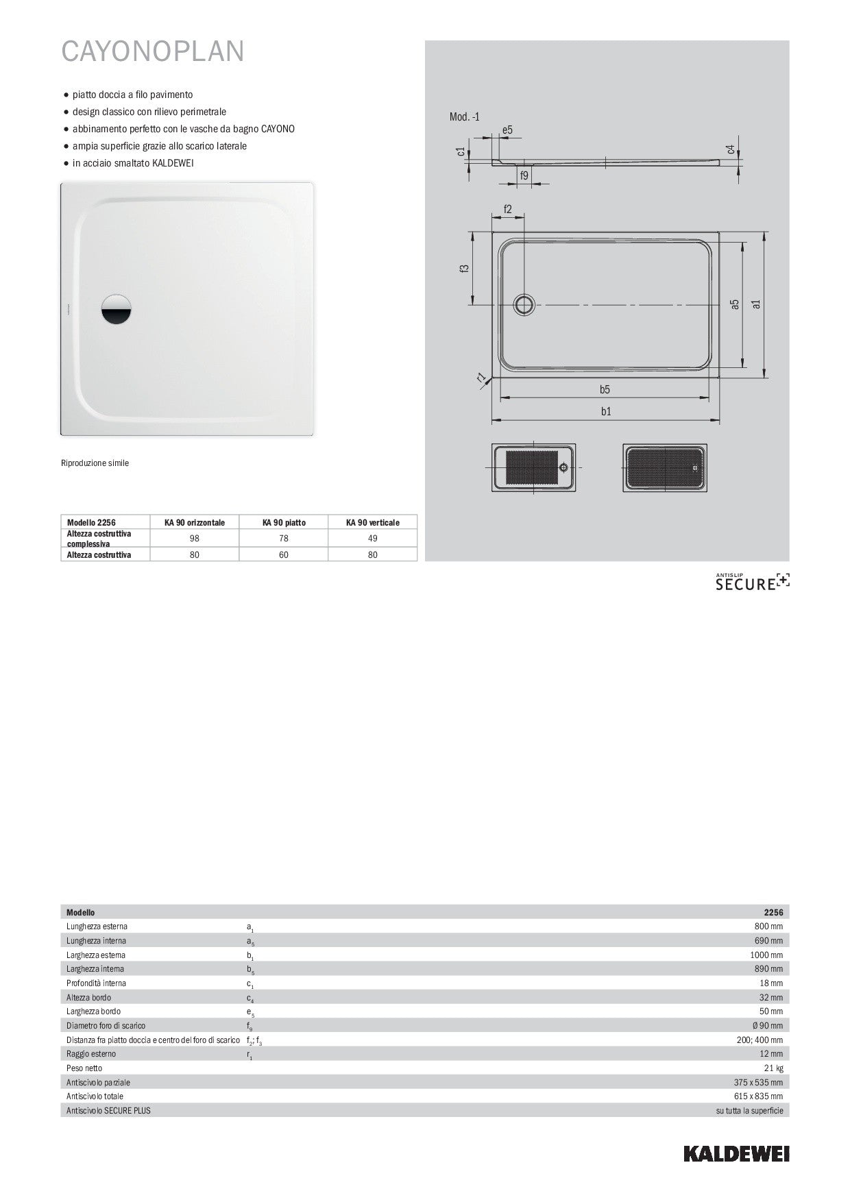 KALDEWEI PIATTO DOCCIA CAYONOPLAN 80X100