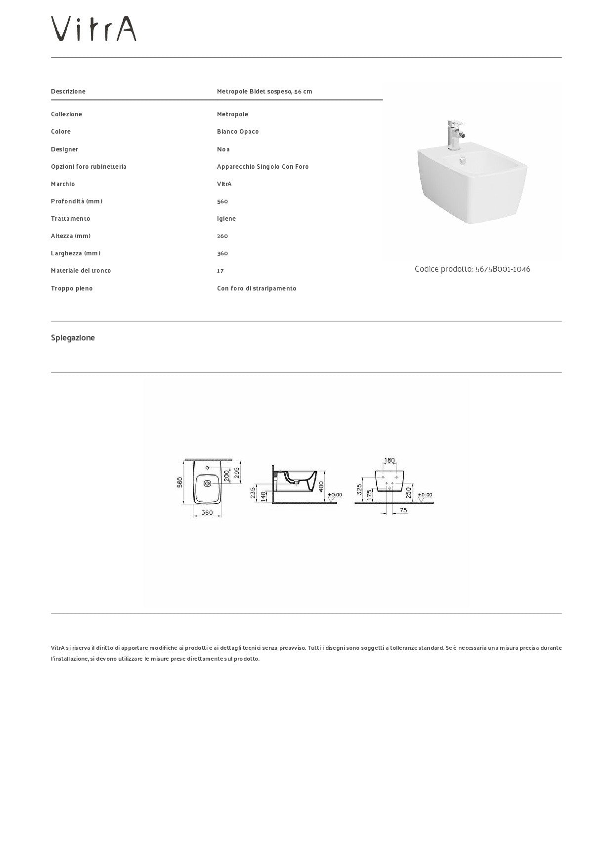 VITRA BIDET METROPOLE SOSPESO