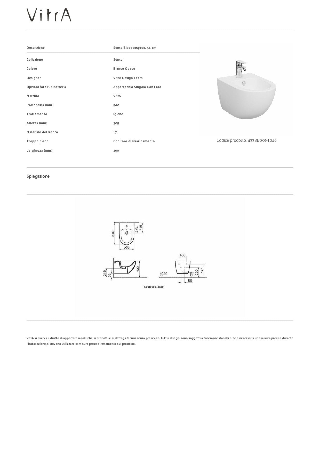 VITRA BIDET SOSPESO SENTO