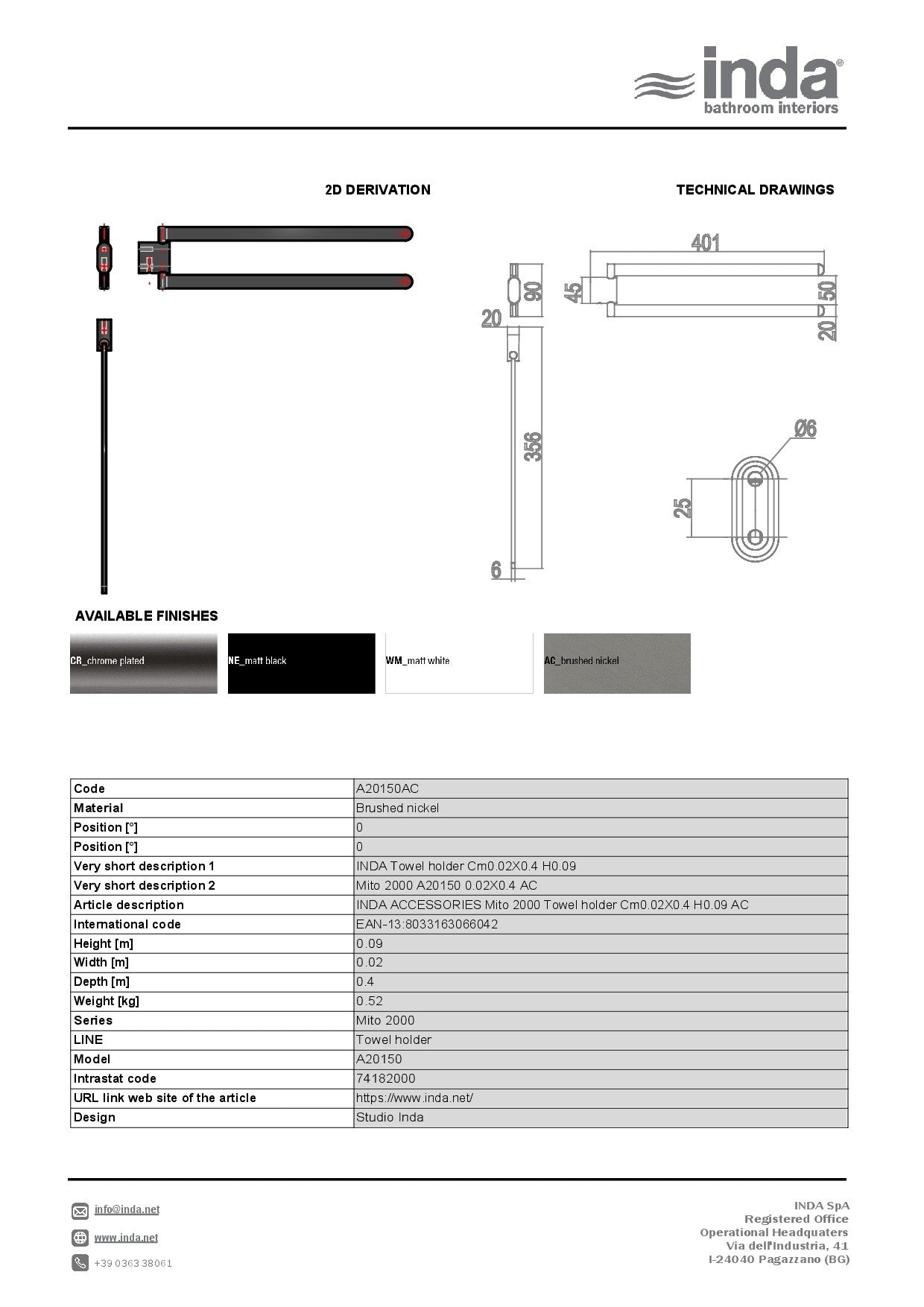 INDA MITO SWIVEL DOUBLE TOWEL RAIL