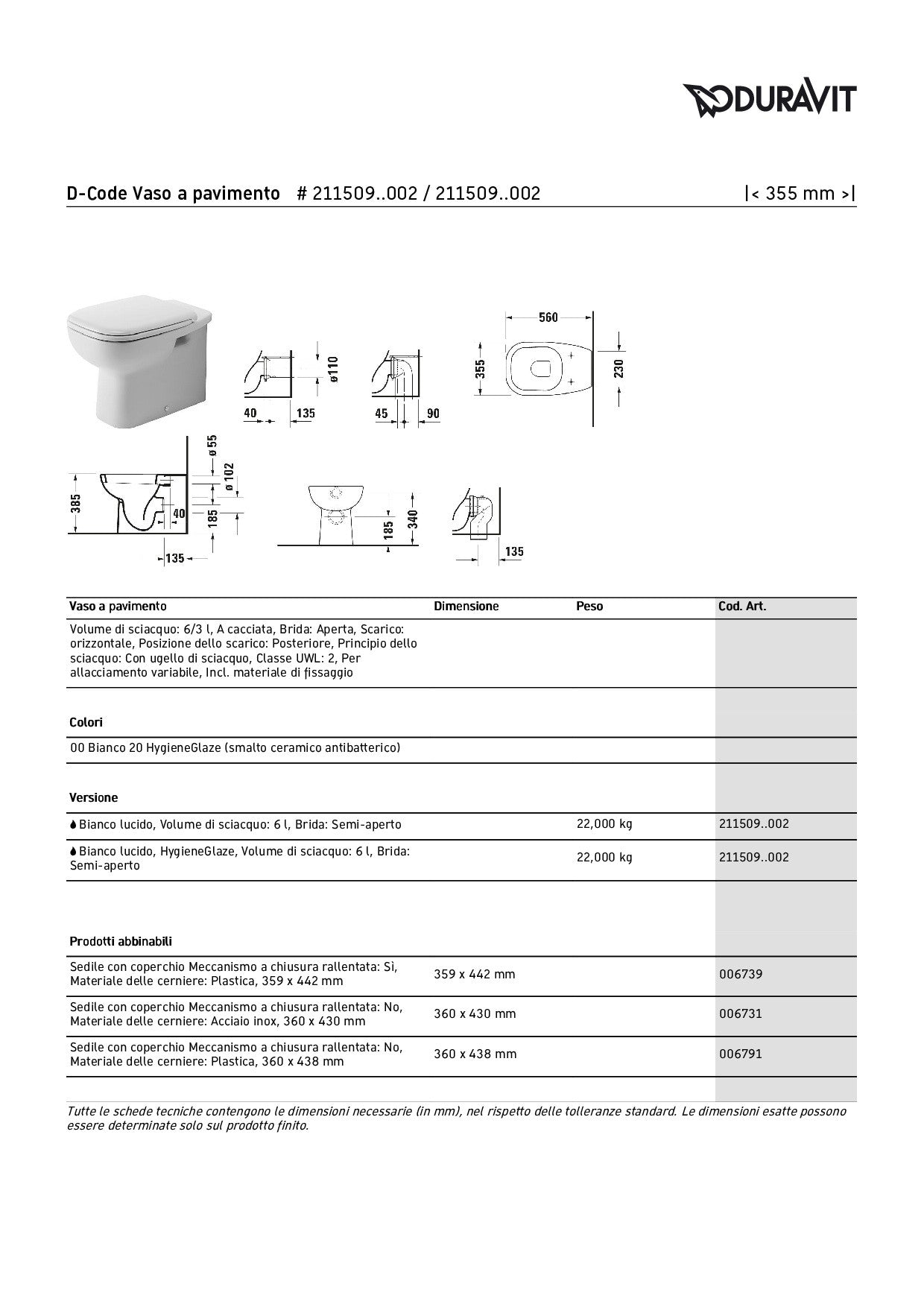 DURAVIT D-CODE SET VASO A PAVIMENTO C/COPRIVASO SOFT-CLOSE + BIDET