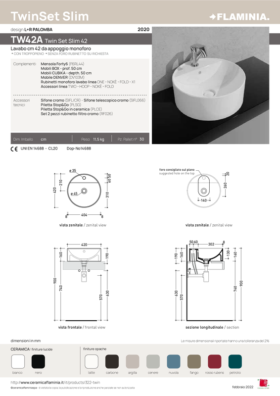 FLAMINIA TWIN SET SLIM 42 LAVABO DA APPOGGIO