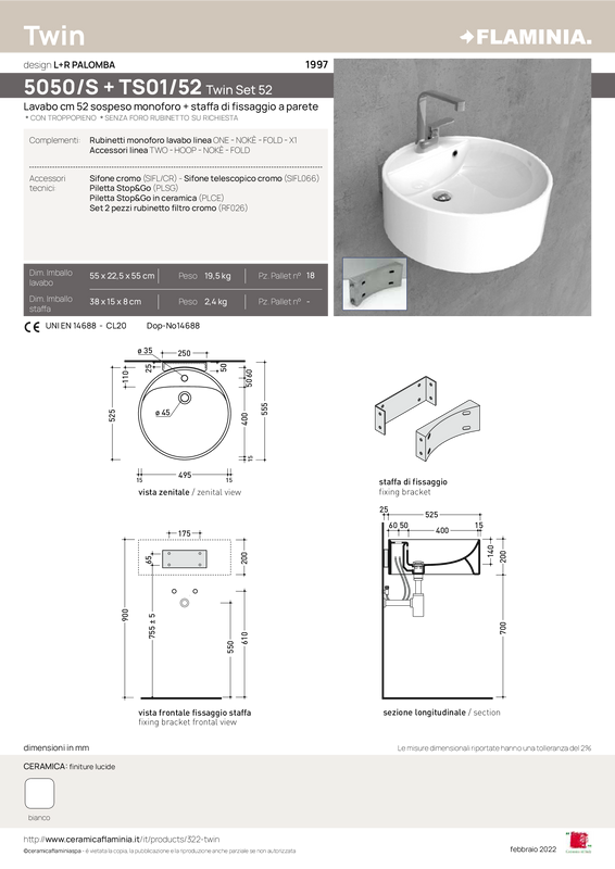 FLAMINIA TWIN SET 52 LAVABO A PARETE AD ANGOLO