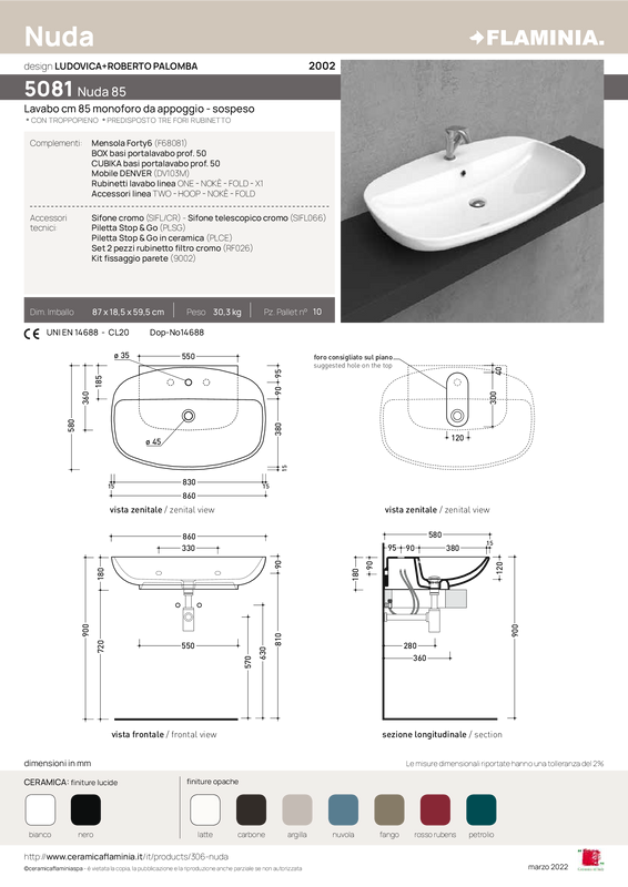 FLAMINIA NUDA 85 LAVABO DA APPOGGIO-SOSPESO