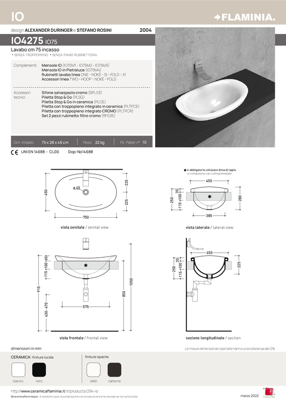 FLAMINIA IO 75 LAVABO INCASSO
