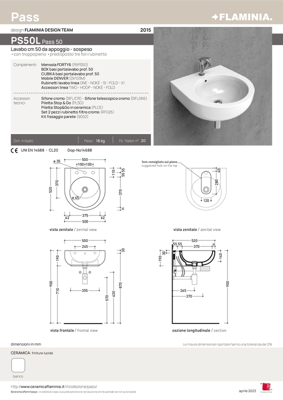FLAMINIA PASS 50 COUNTERTOP-WALL MOUNTED BASIN