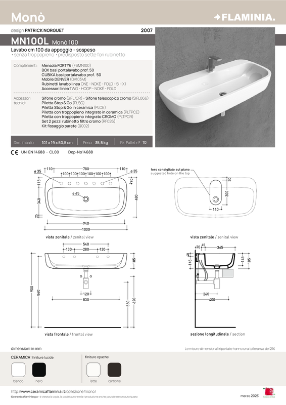 FLAMINIA MONÒ 100 LAVABO DA APPOGGIO-PARETE