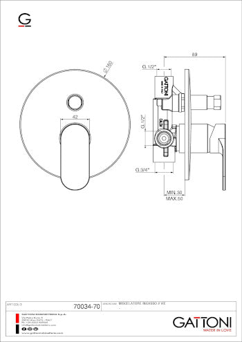 GATTONI RUBINETTERIA H2OMIX 7000 MIX INCASSO 2 VIE DOCCIA