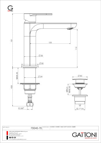 GATTONI RUBINETTERIA H2OMIX 7000 SINGLE LEVER BASIN MIXER WITH POP-UP WASTE