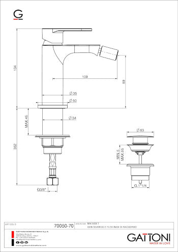 GATTONI RUBINETTERIA H2OMIX 7000 SINGLE LEVER BIDET MIXER WITH WASTE